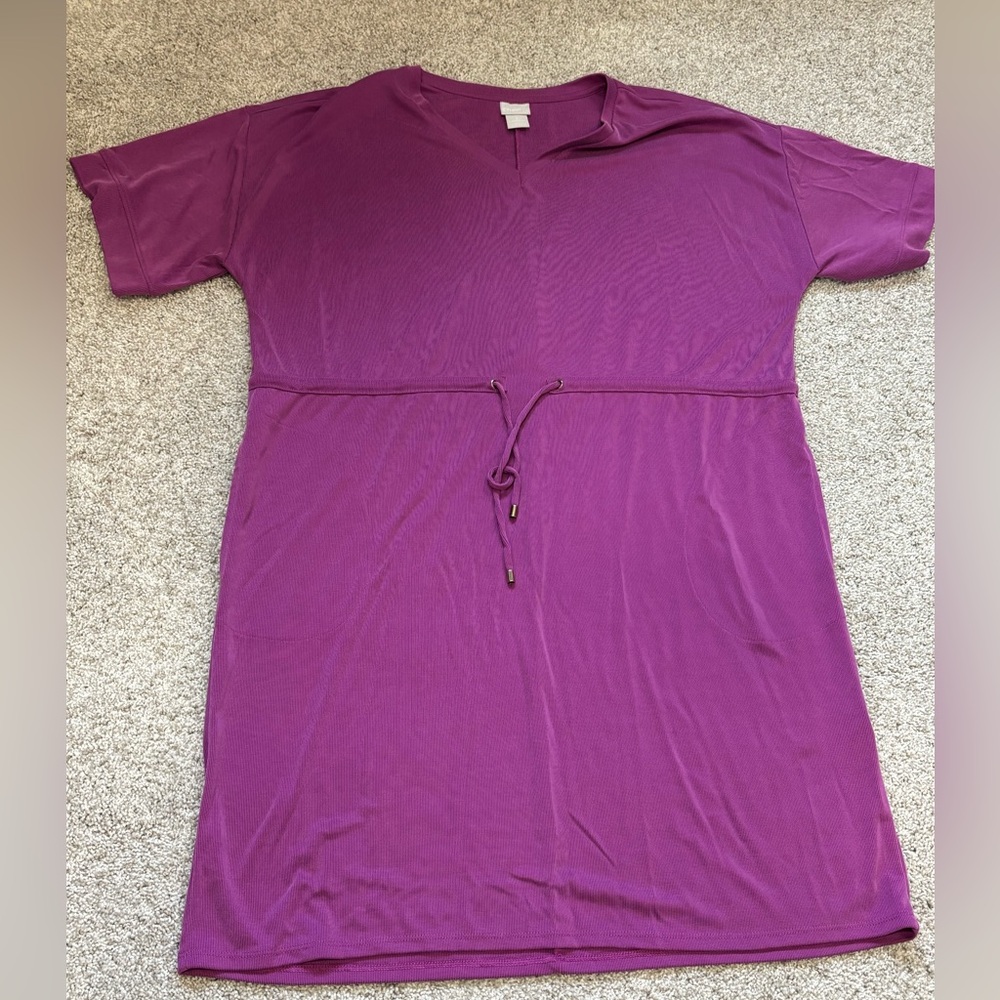 Chicos Purple Knit Drawstring Waist Shirt Dress Short Sleeve L